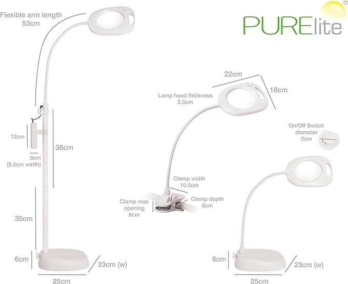 Purelite 3 i 1 gulv-/bordlampe med lup